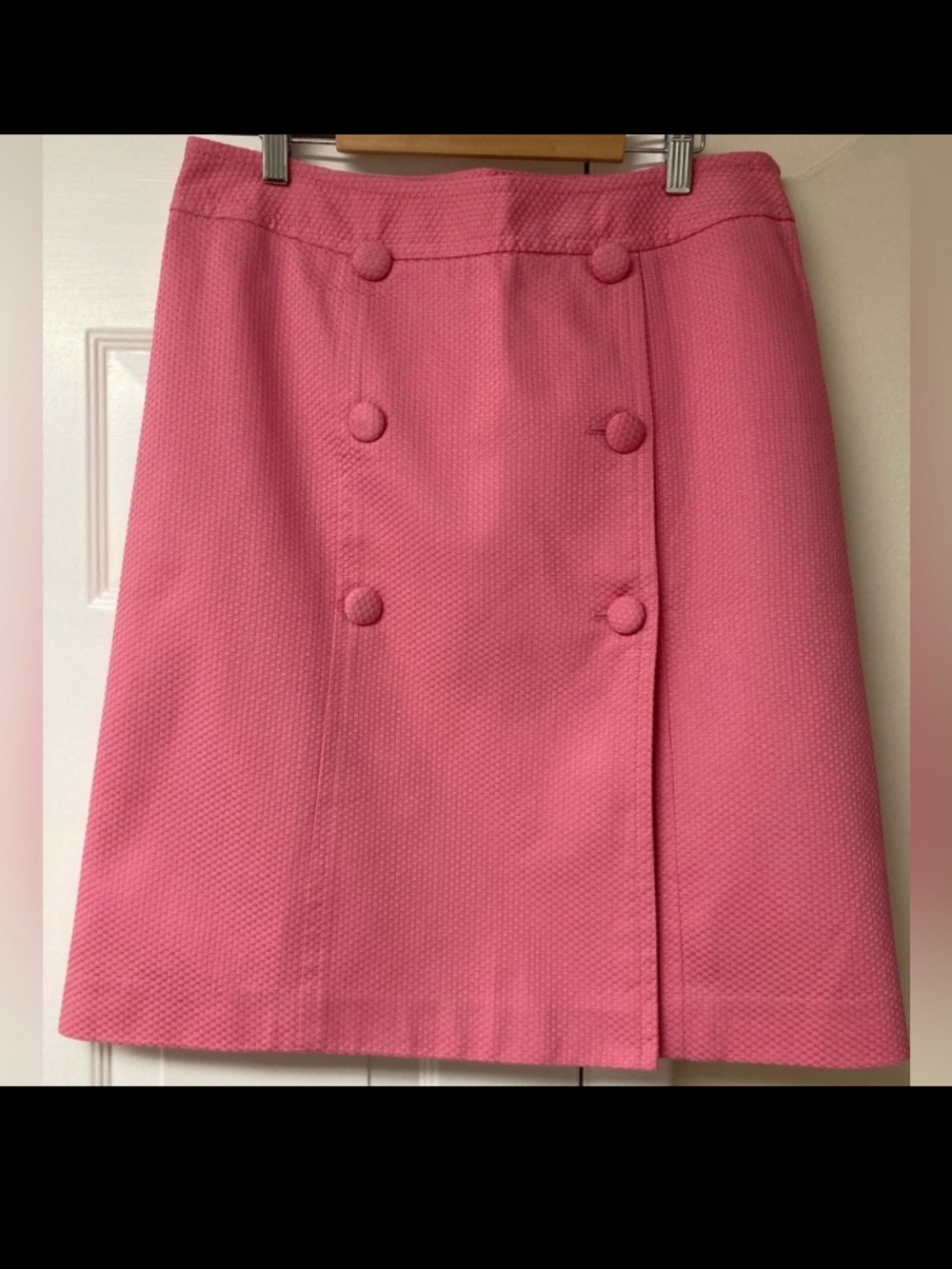 Talbots Barbie Pink Double-Breasted woven texture button faux wrap skirt sz 10